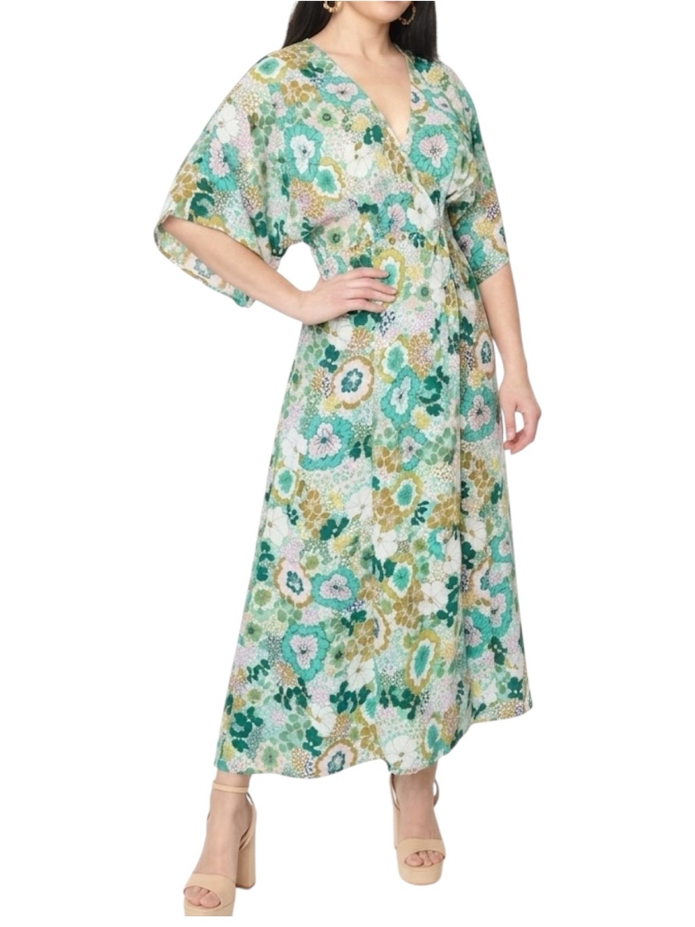 Unique Vintage Floral Wrap Maxi Dress Green Retro Kimono Flutter Sleeve XL 14